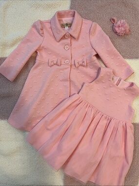 Girls Pink Dress & Matching Coat Set 3T | Heart Texture | Excellent Condition